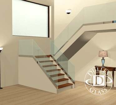 Custom glass staircase railing with tempered glass panels, enhancing interior aesthetics, suitable for modern homes.