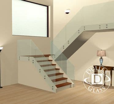 Custom tempered glass railing with a sleek design, enhancing the staircase in a modern interior setting, showcasing the versatility of custom glass applications.