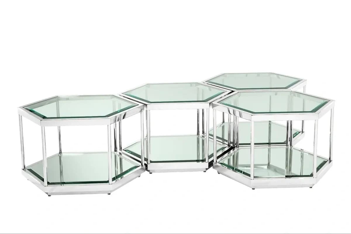 Modern hexagonal glass table with a sleek chrome frame