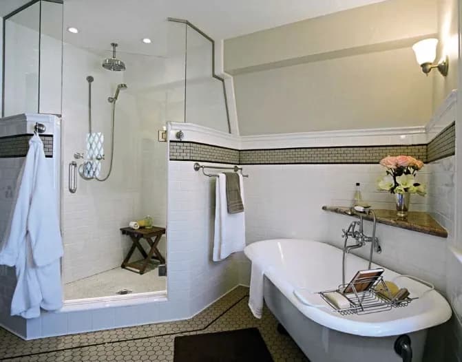Modern bathroom featuring custom glass shower doors