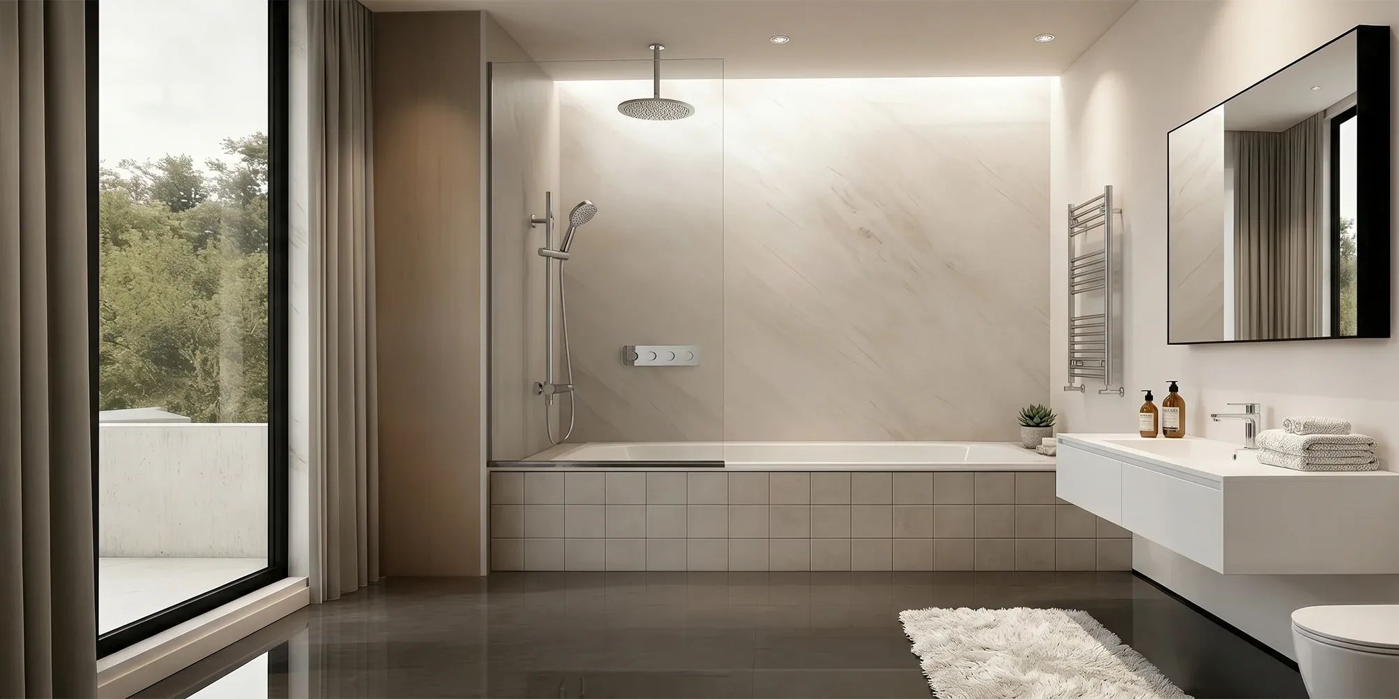 A single panel bathtub screen on a standard alcove tub, covering the shower-head end
