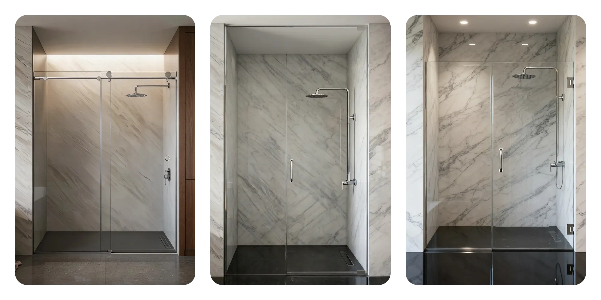 Frameless sliding, pivot, and hinged shower doors compared in modern bathrooms