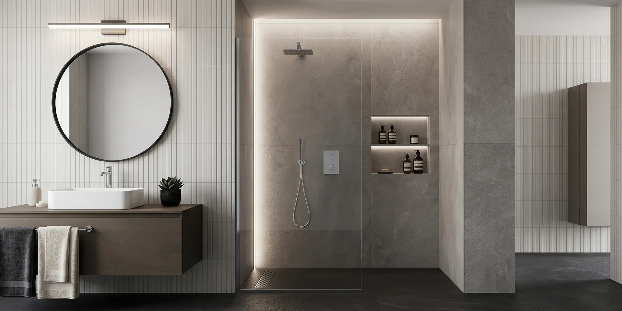 Fixed shower screen in a walk-in shower sized to the opening width and height