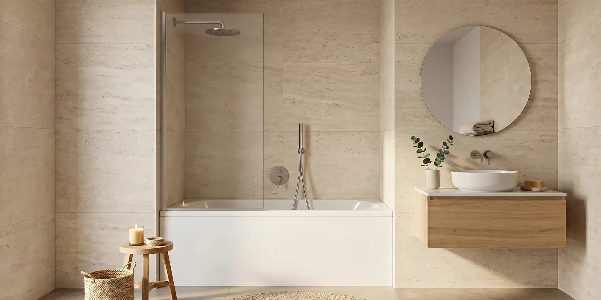 A frameless bathtub glass screen opening up the sight line in a small bathroom