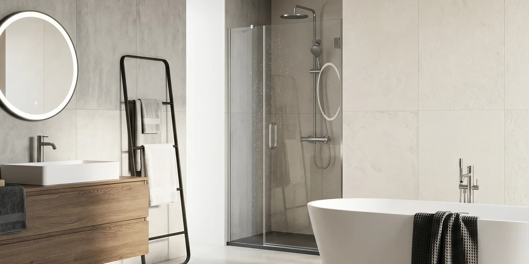 Modern bathroom featuring a glass walk-in shower, a white freestanding bathtub with a gray towel, and a wooden vanity with a vessel sink and a circular LED mirror.