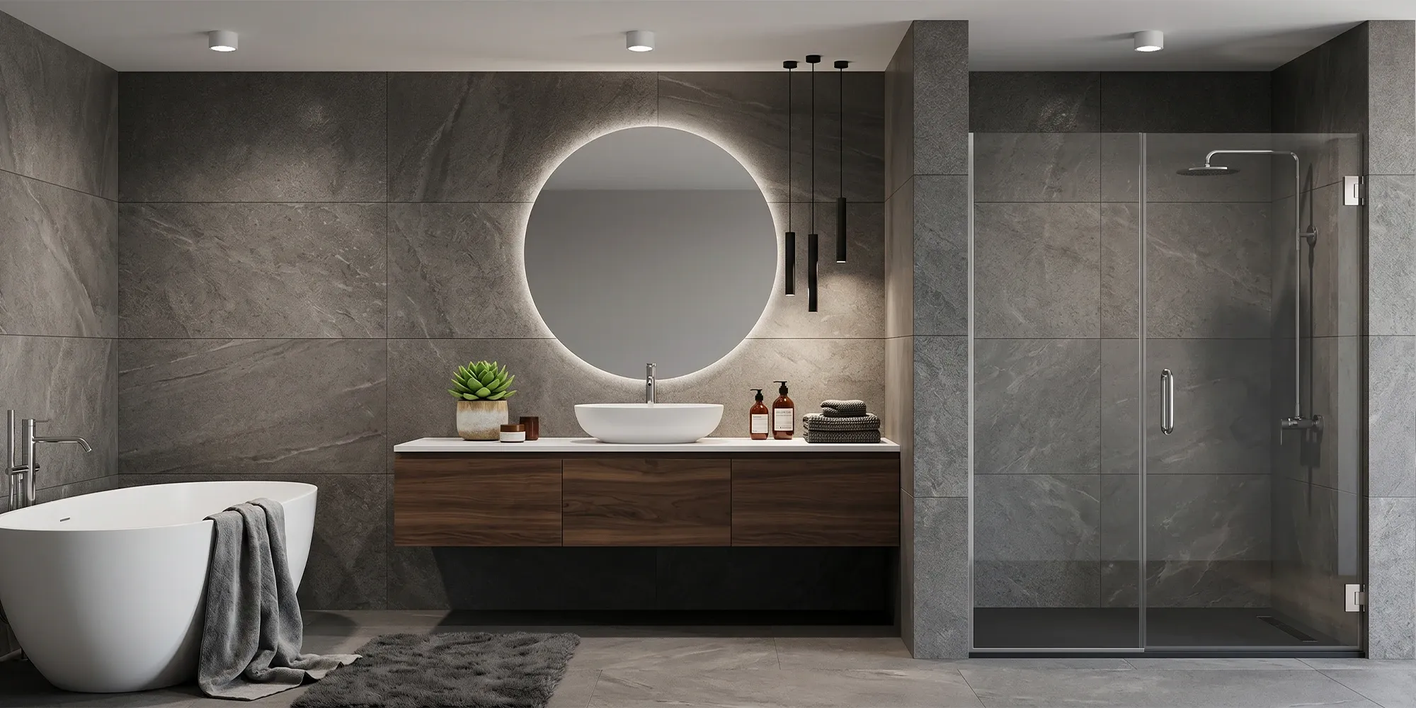 Frameless hinged glass shower door in a modern bathroom
