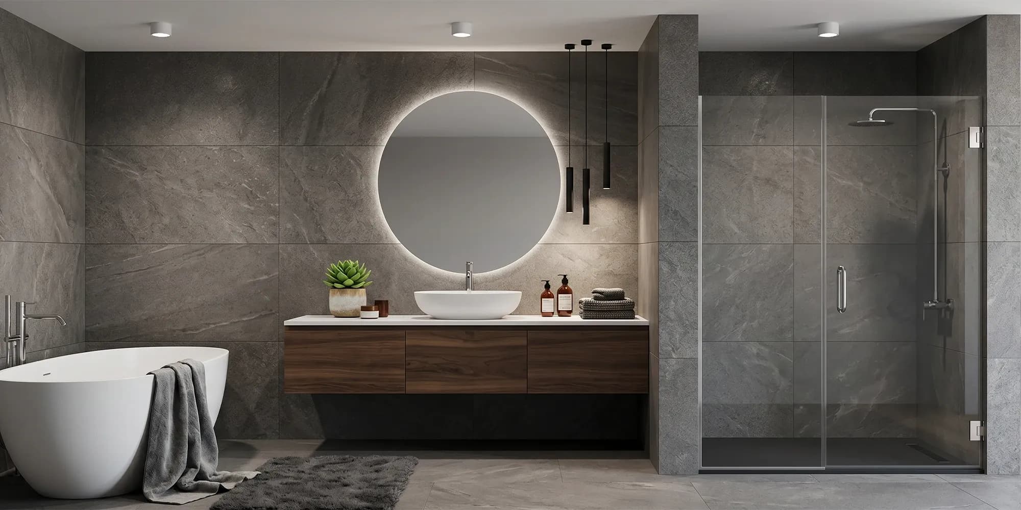 Frameless hinged glass shower door in a modern bathroom
