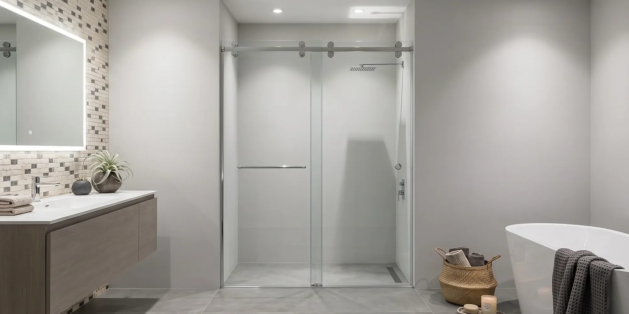 Modern gray bathroom featuring a walk-in shower with sliding glass doors, a floating vanity with a backlit mirror, and a freestanding bathtub.
