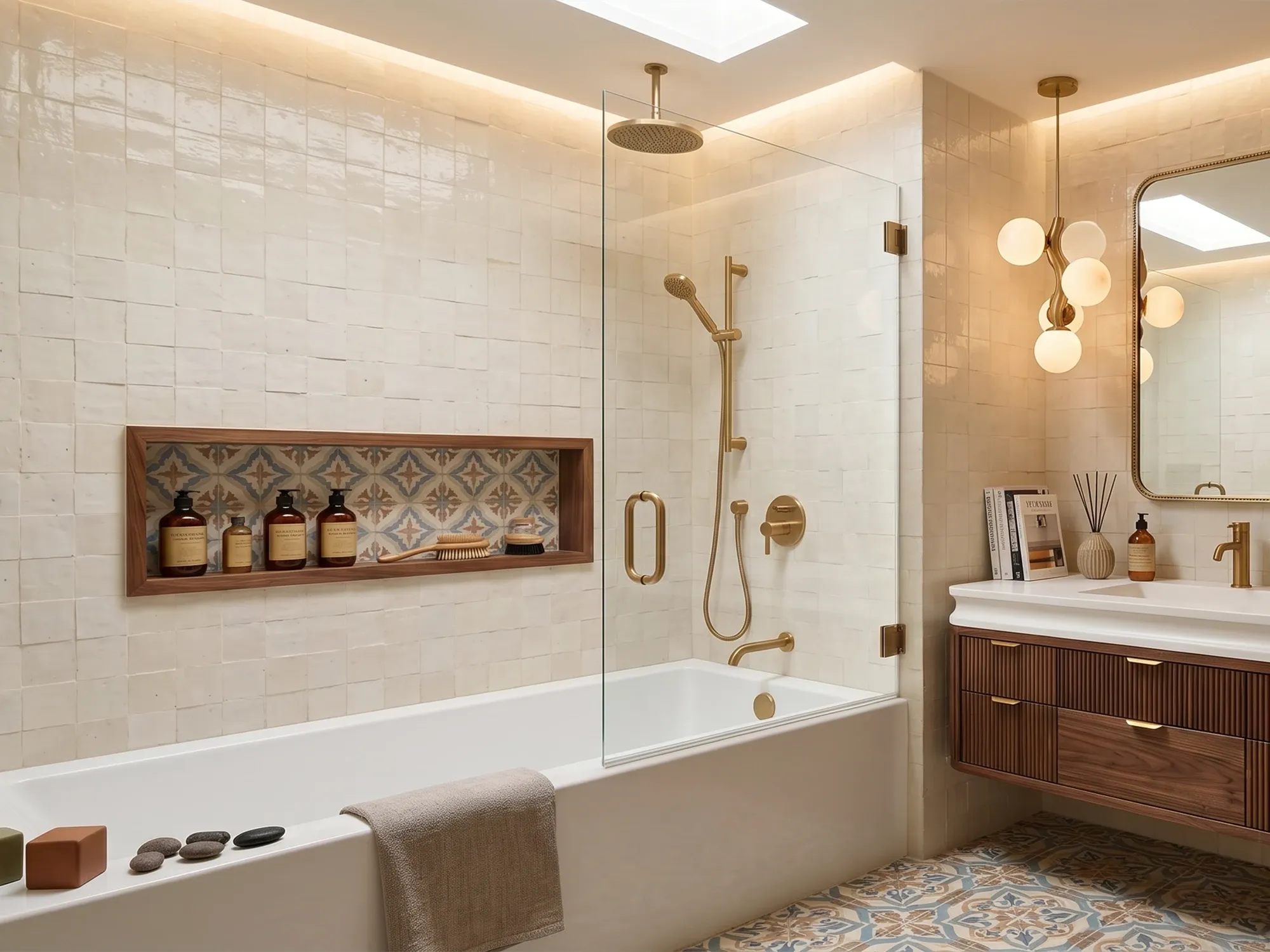 A hinged glass tub screen pivoting outward