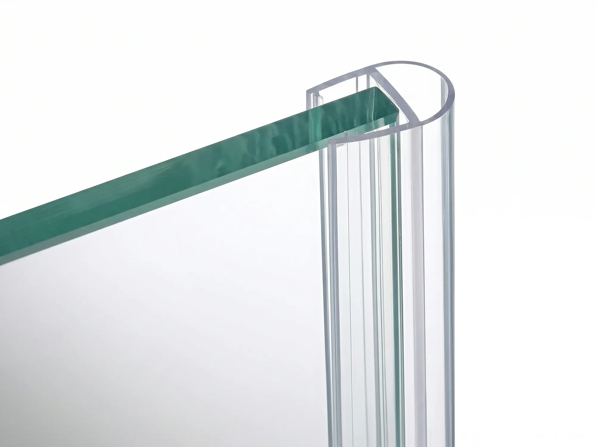 Wall-side strike seal running vertically where a hinged shower door panel meets the wall