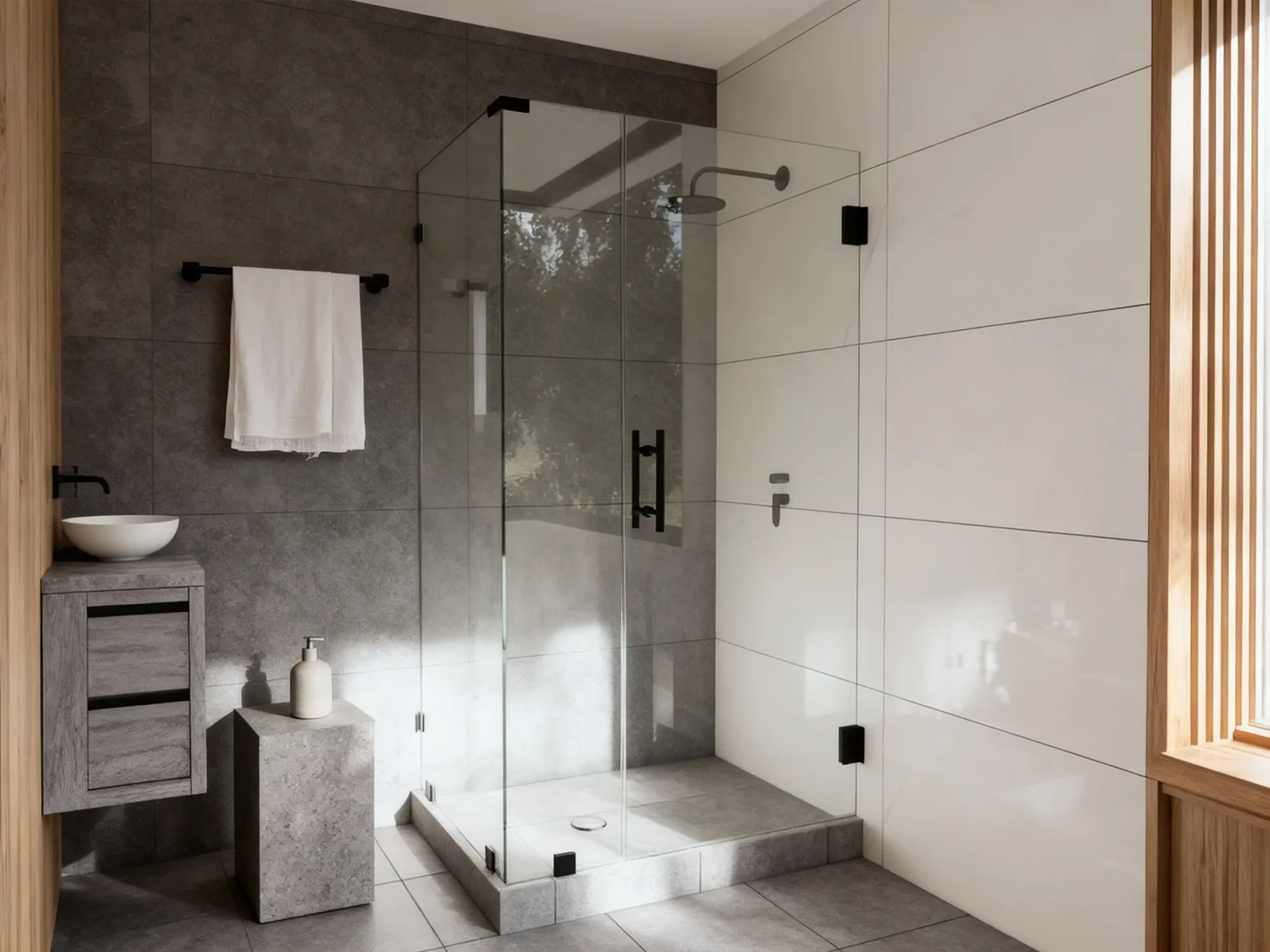 Space-saving corner shower door