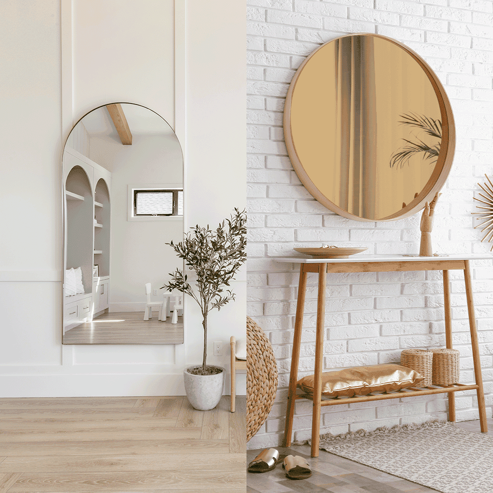 Modern interior featuring a tall arched mirror and a round mirror on a wooden console, highlighting custom glass design options for mirrors and potential applications in decor and home aesthetics.