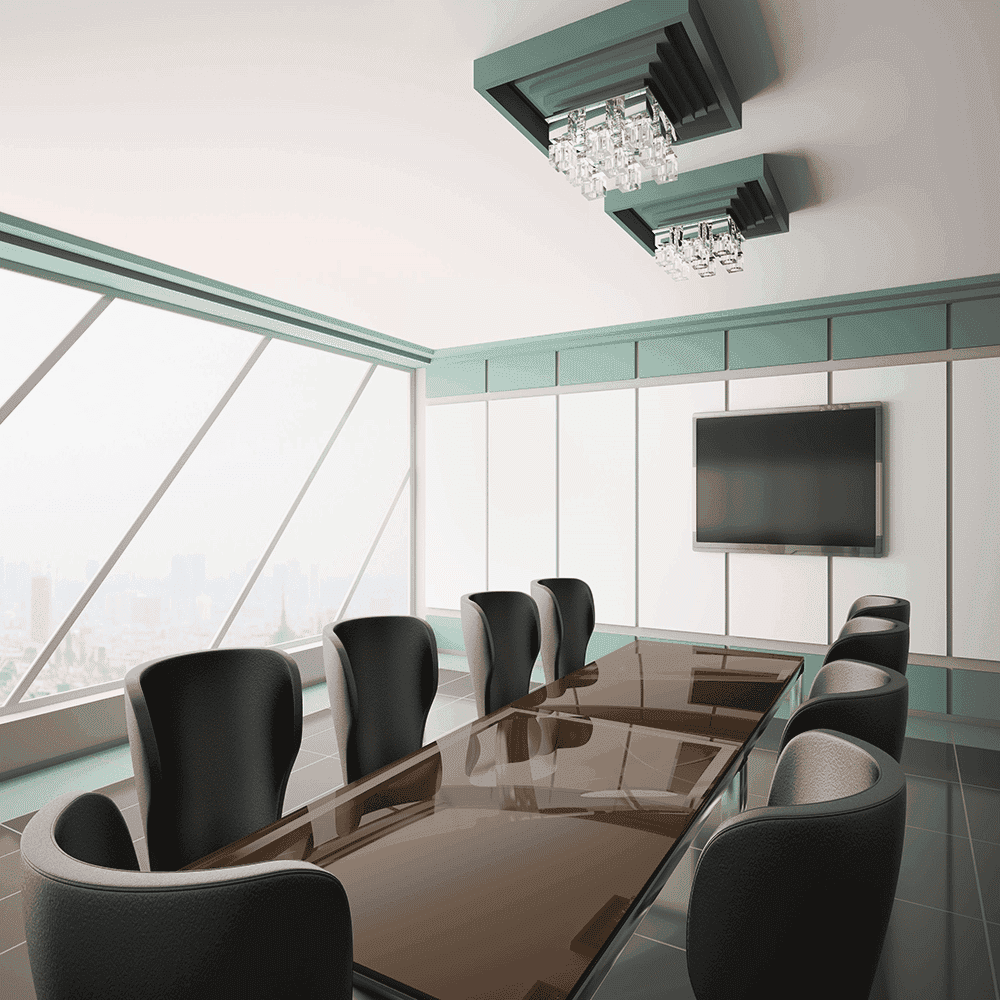 Modern conference room featuring a sleek custom glass table top with a tempered glass surface, accented by elegant chairs and a stylish interior design, ideal for showcasing custom glass solutions and beveled glass edges.