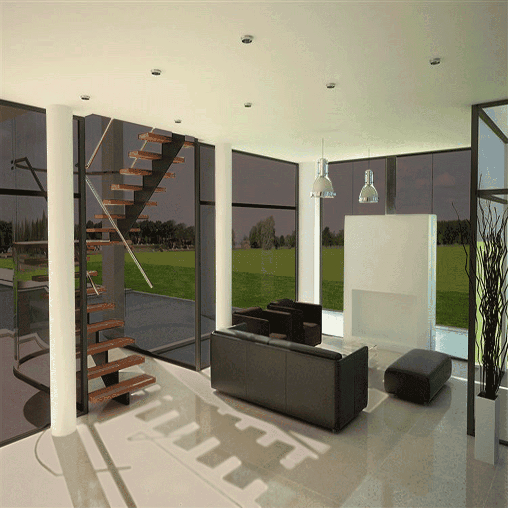 Modern living space featuring large glass windows, showcasing a staircase with wooden steps, a sleek black sofa, and a minimalist aesthetic, ideal for custom glass solutions including tempered glass and beveled glass edges for shower doors and table tops.