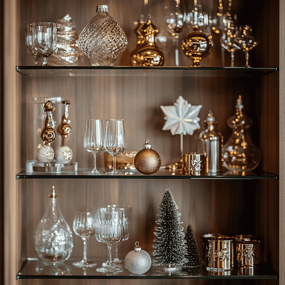 Elegant display of decorative glassware and holiday ornaments on custom tempered glass shelves, showcasing a mix of glass designs, including beveled edges and festive decor.