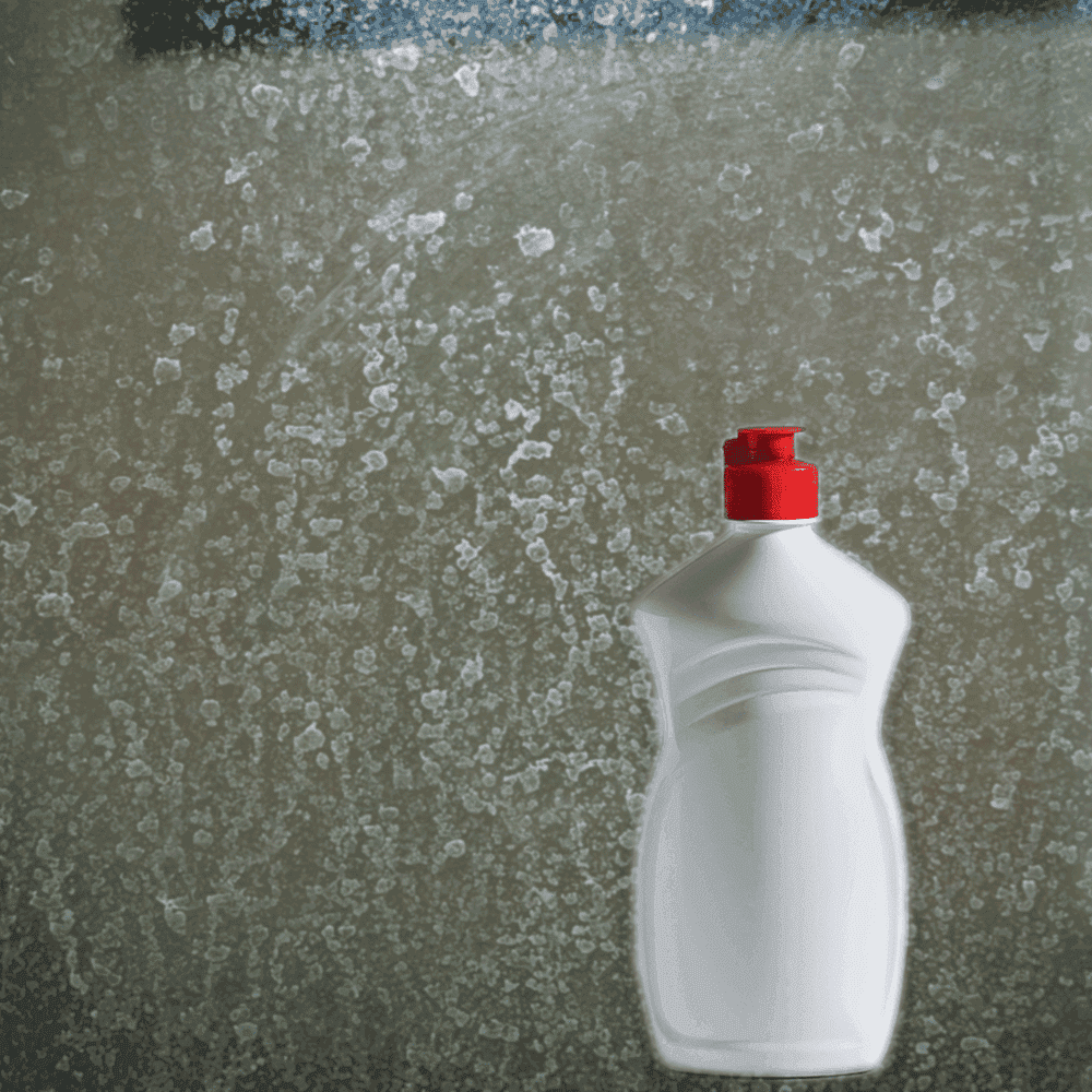 Cleaning solution bottle in front of a foggy shower door