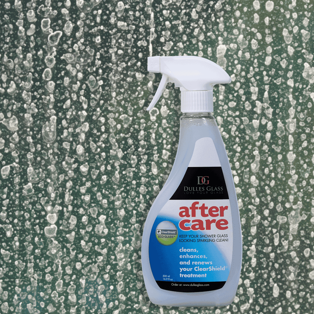 Cleaning spray for shower glass, designed to maintain custom glass surfaces, enhances clarity for tempered and beveled glass edges.