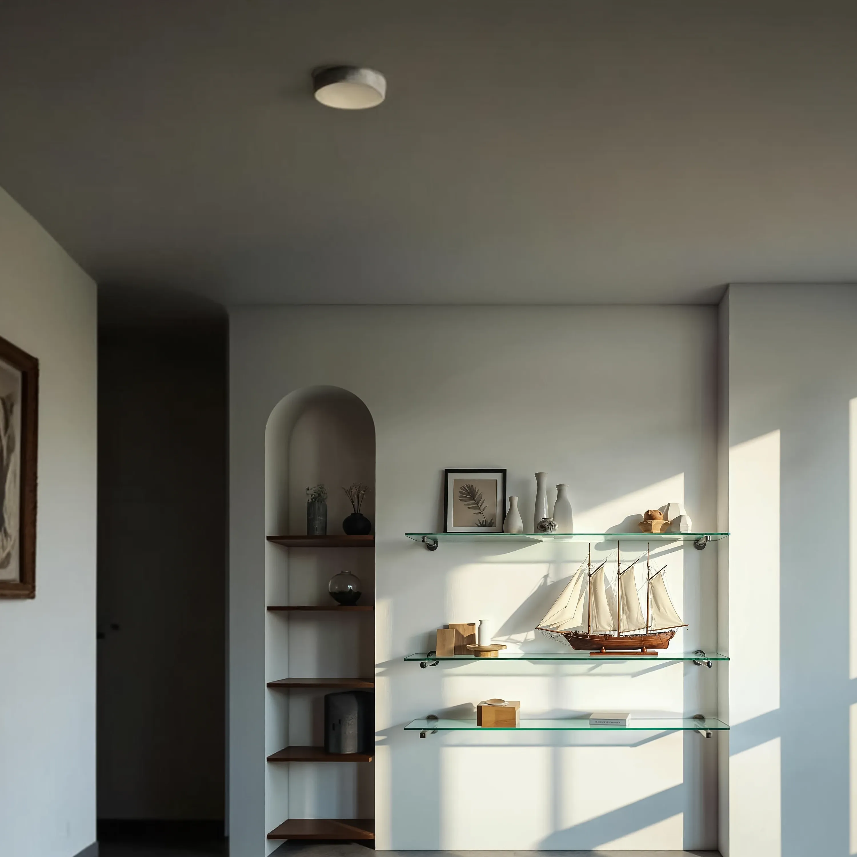 Three floating glass shelves in a sunlit room, featuring a large model sailing ship as the centerpiece, with a decorative arched nook to the side.