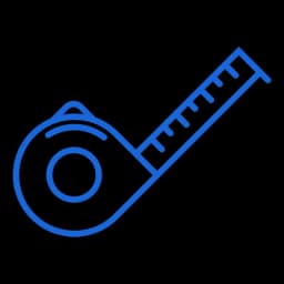 Blue icon of a tape measure, representing custom measurement and precision fitting.