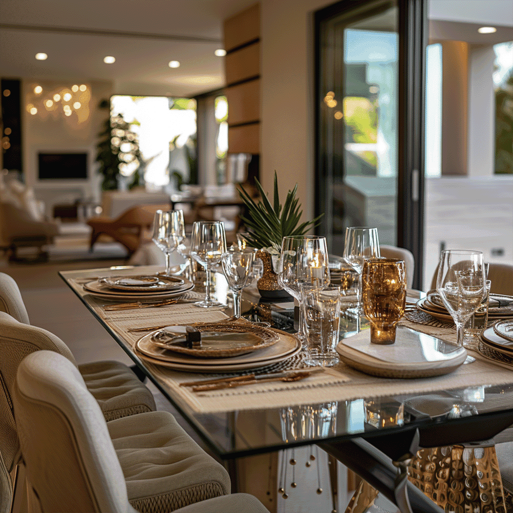 Elegant dining setup showcasing a custom glass tabletop with beveled edges