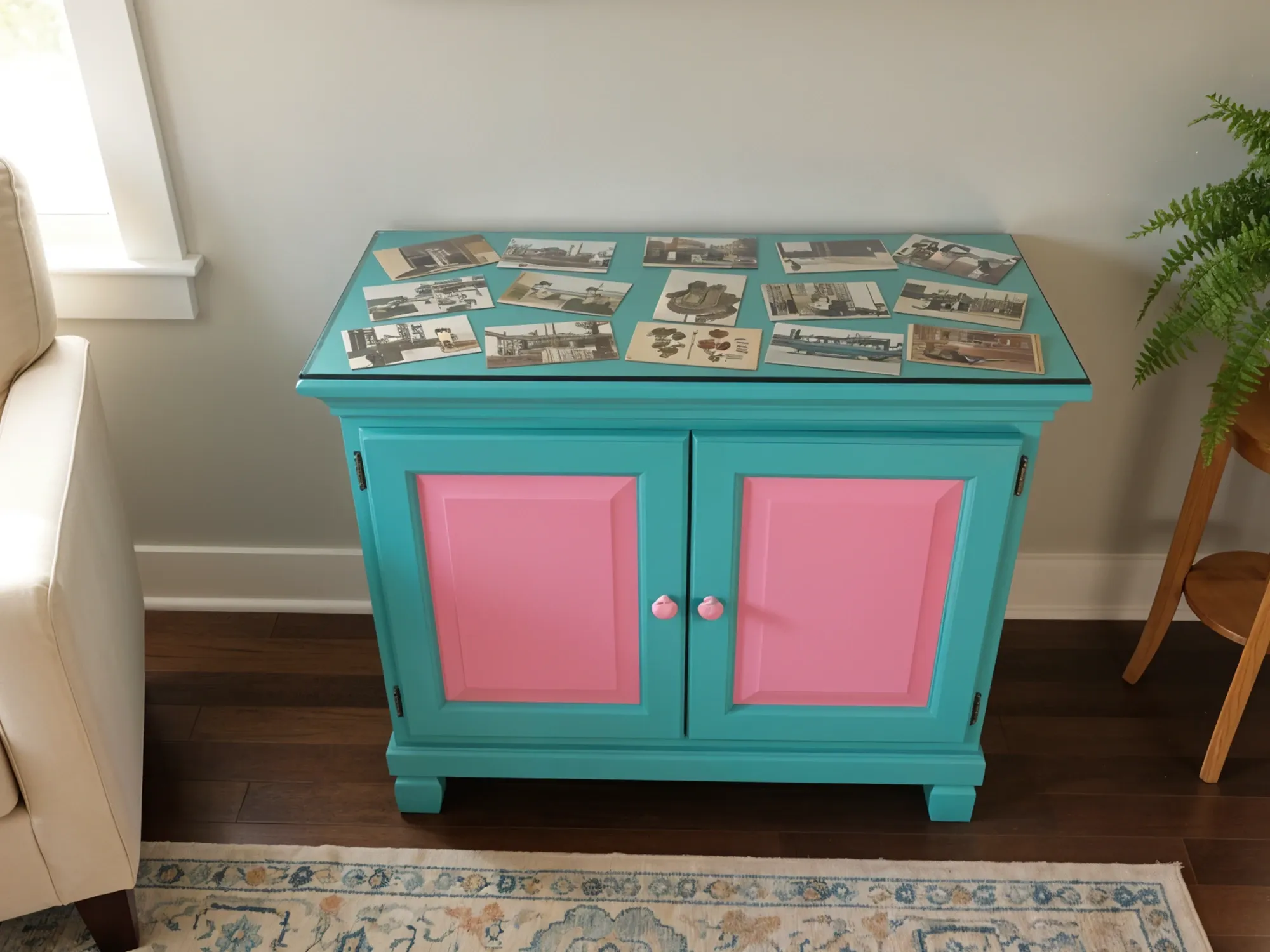 A bright turquoise and pink cabinet with a clear glass top cover used to protect and display a collection of vintage photographs.