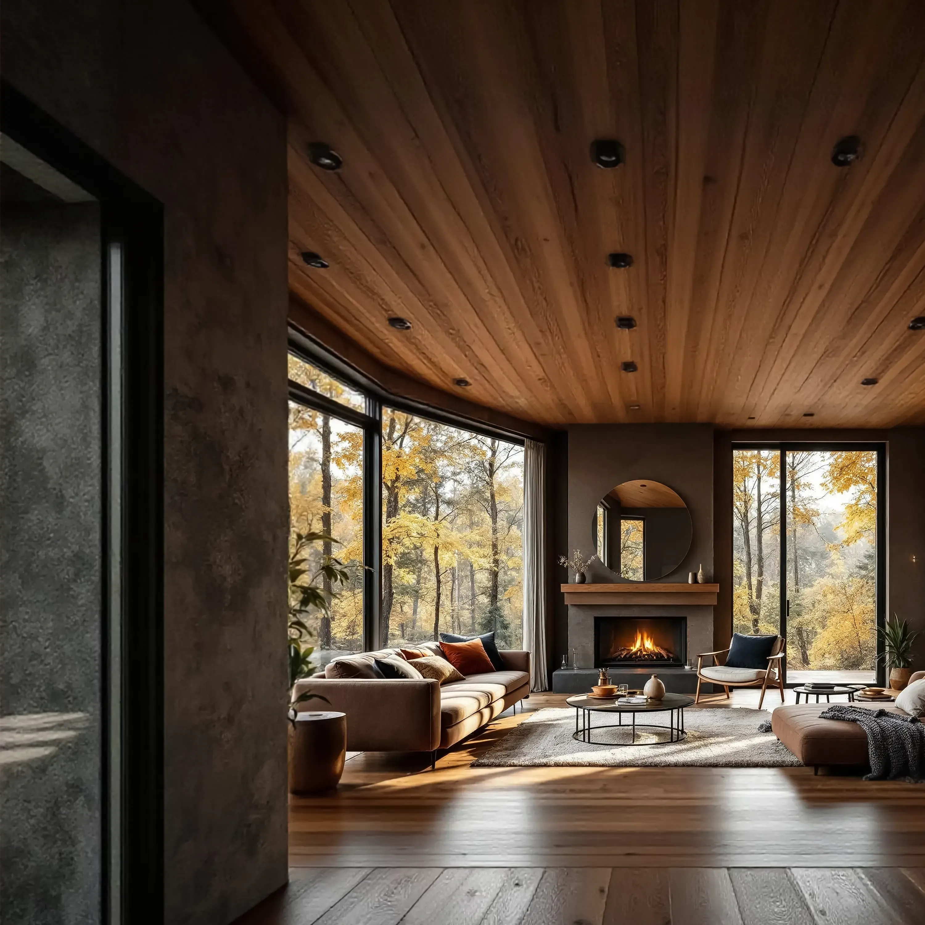 A modern and cozy living room with a wood ceiling, a minimalist fireplace, and a curved wall of windows overlooking a golden autumn forest.