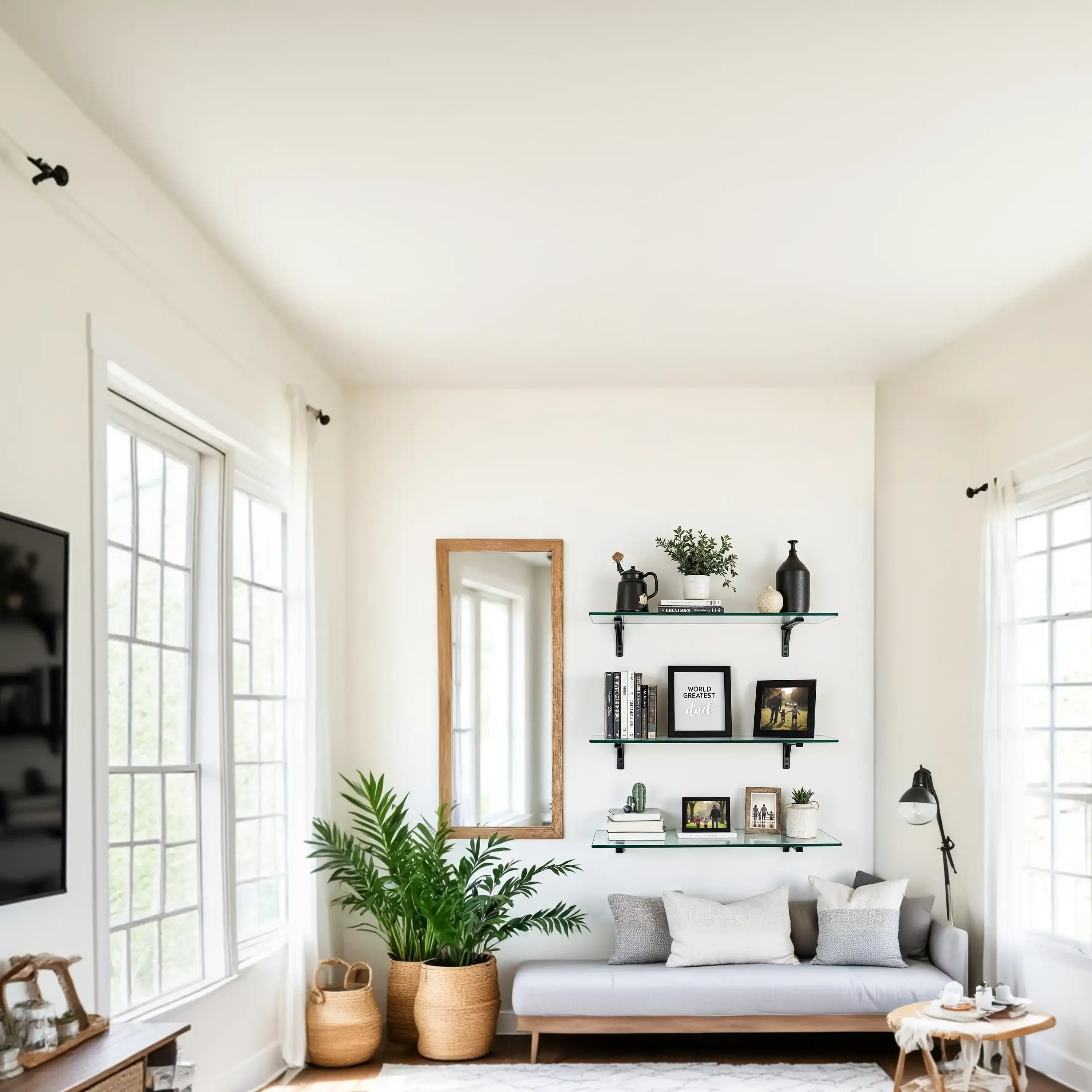 Bright minimalist living room with white walls, modern sofa, wall shelves, indoor plants, and large windows letting in natural light.
