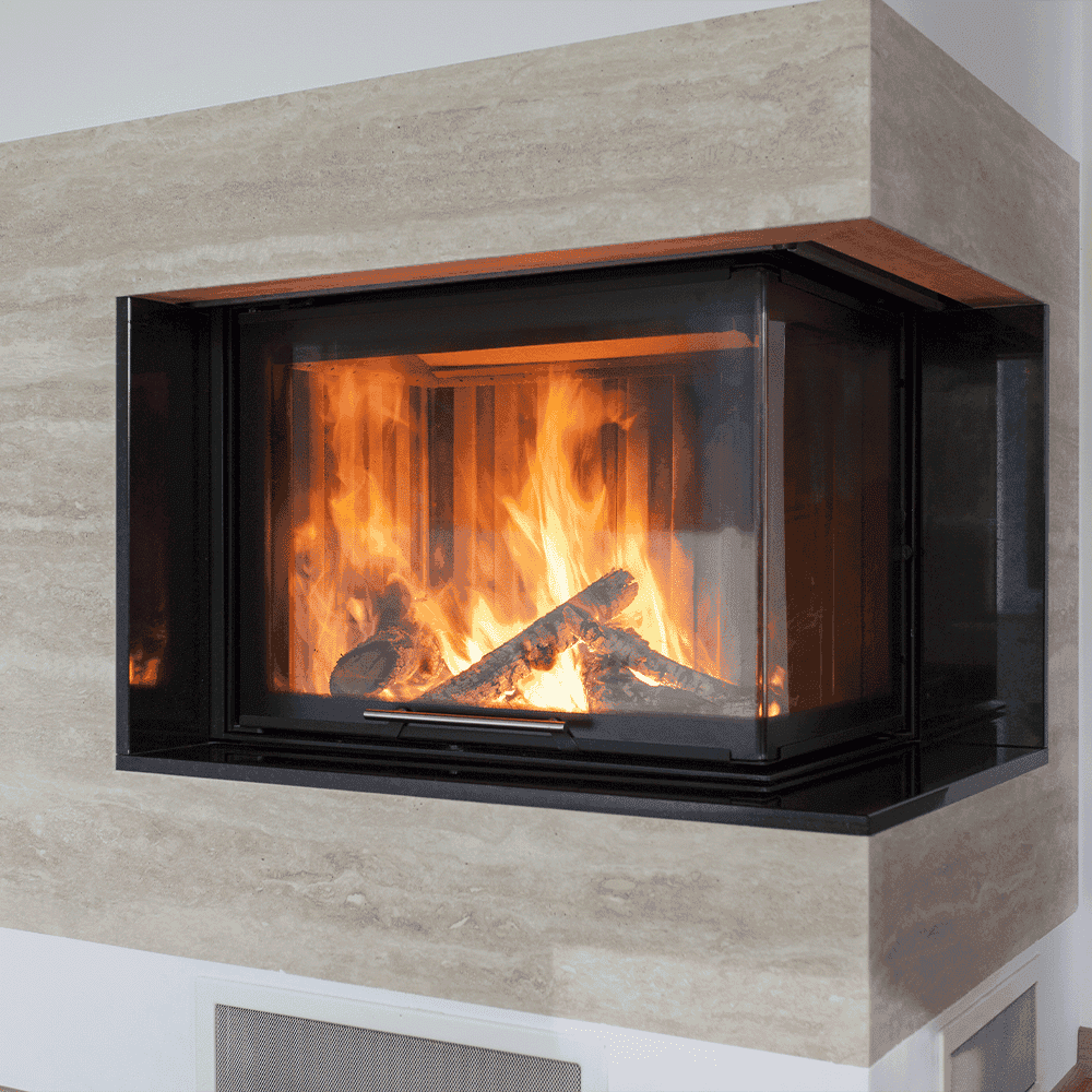 Modern fireplace with tempered glass doors and a sleek stone surround, showcasing custom glass design elements.