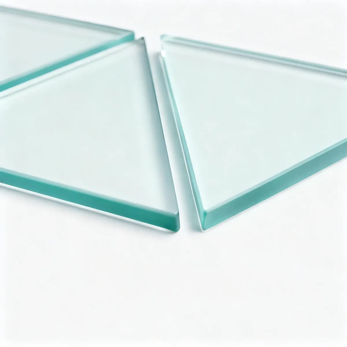 Three custom-cut, triangle-shaped samples of acid-etched frosted glass with polished, light green-tinted edges on a white surface.