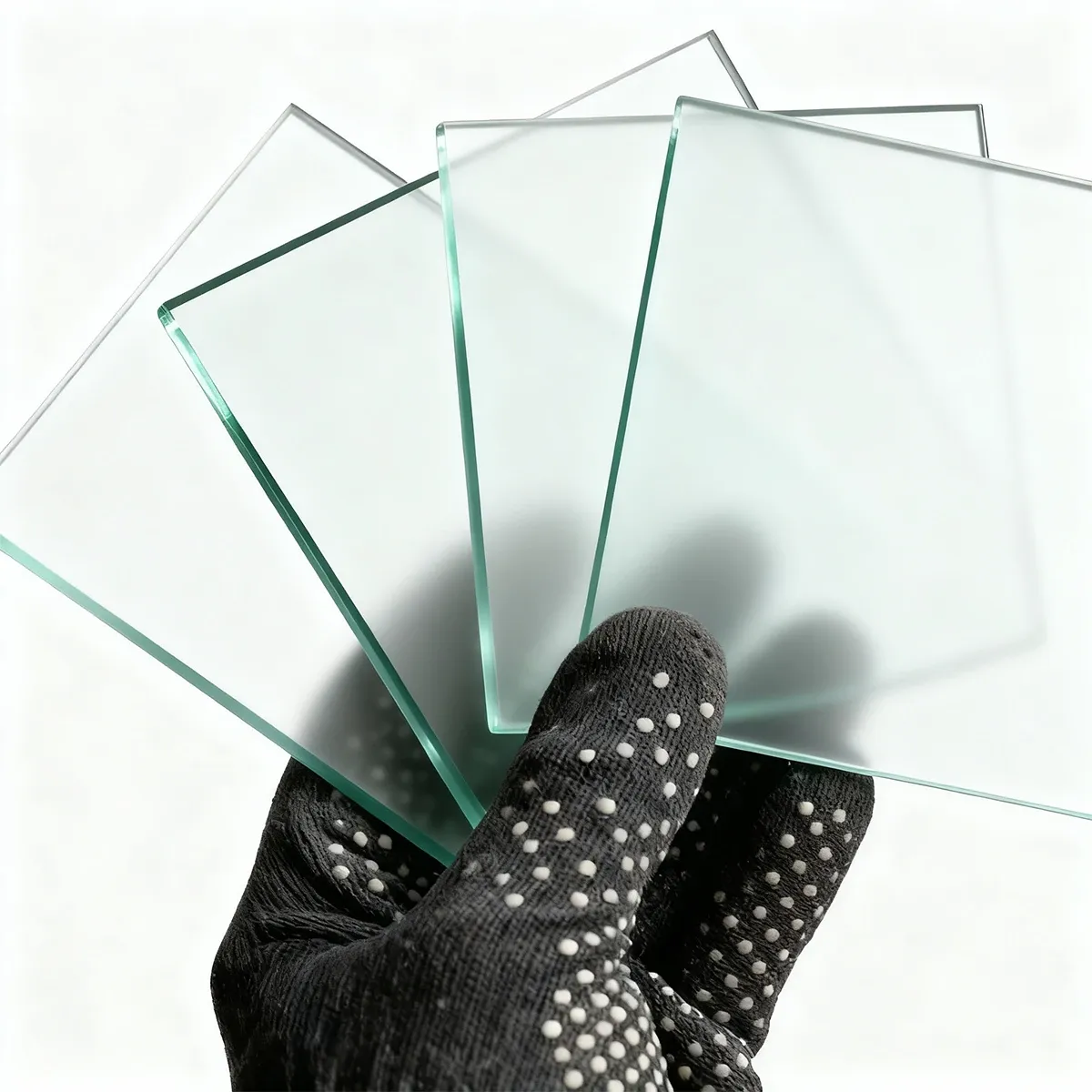 A gloved hand fanning out several square samples of frosted, acid-etched glass, showing their translucent surface and green-tinted edges.