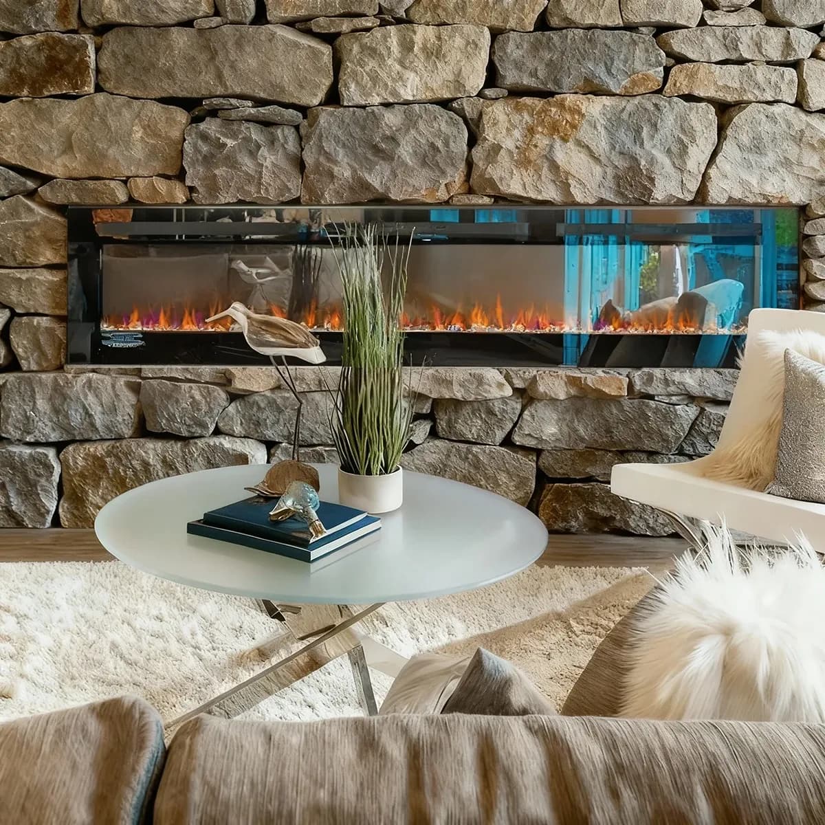 A rustic modern living room featuring a round, frosted glass coffee table in front of a long, wall-mounted fireplace with a matching frosted glass panel.