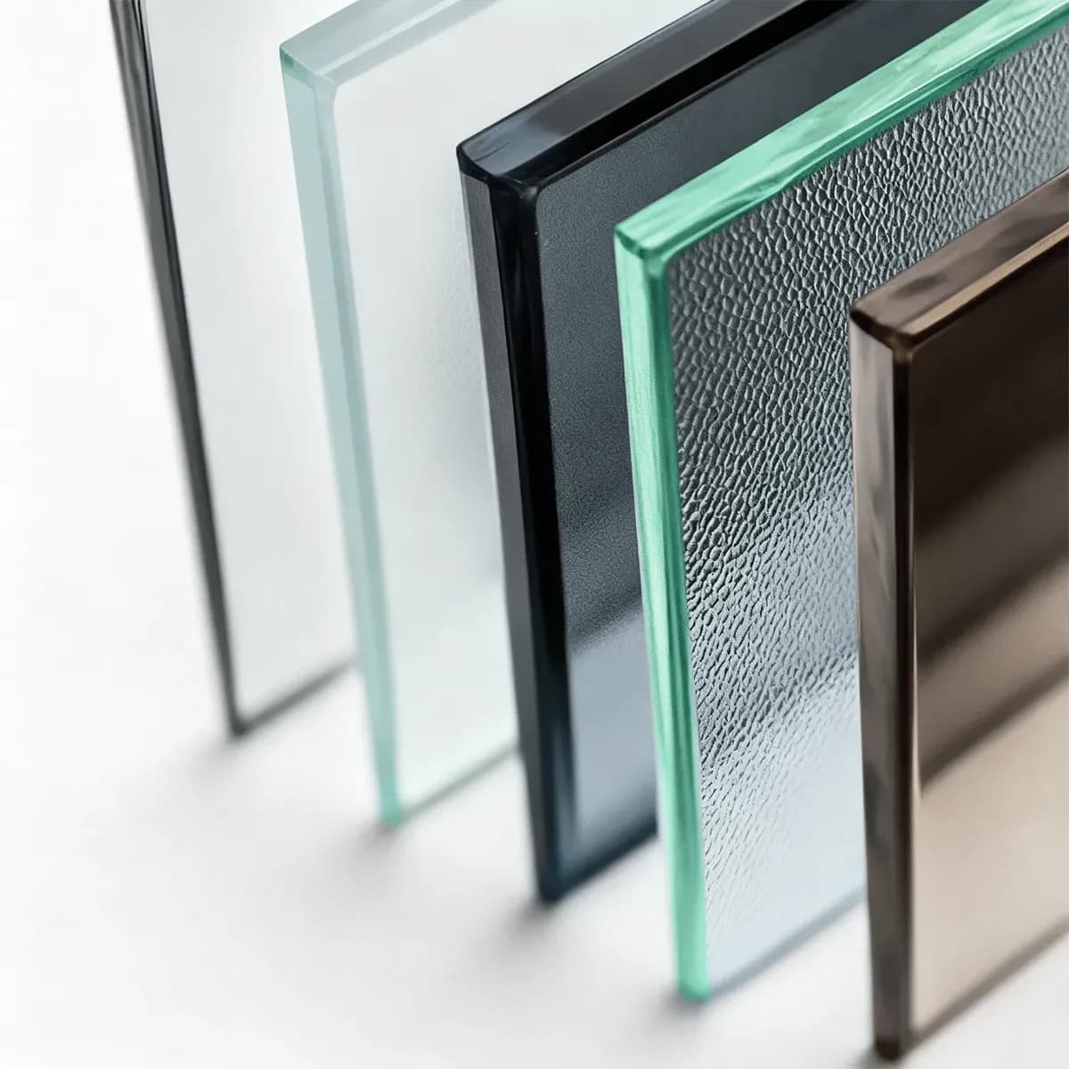 A lineup of various glass panel samples, showcasing different finishes including clear, frosted, grey-tinted, textured, and bronze-tinted glass.