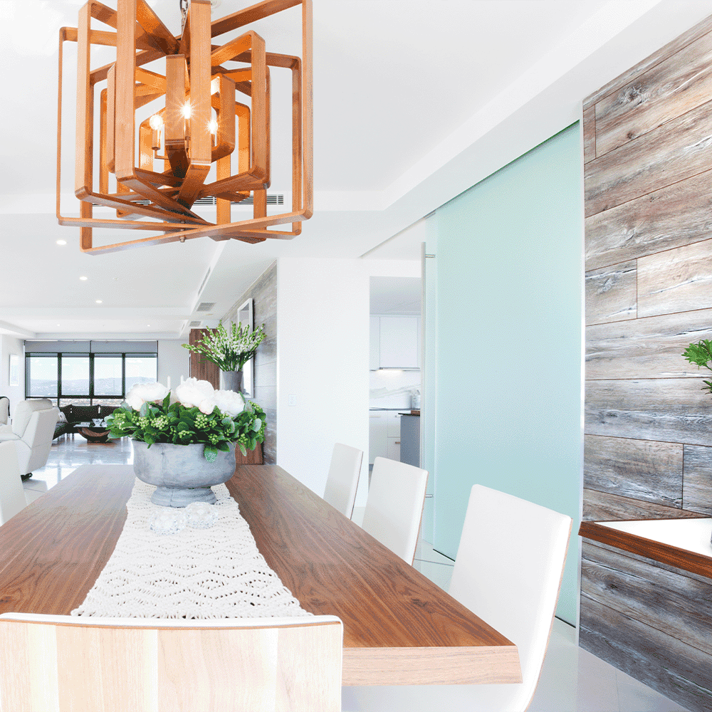 Modern dining area featuring a wooden table