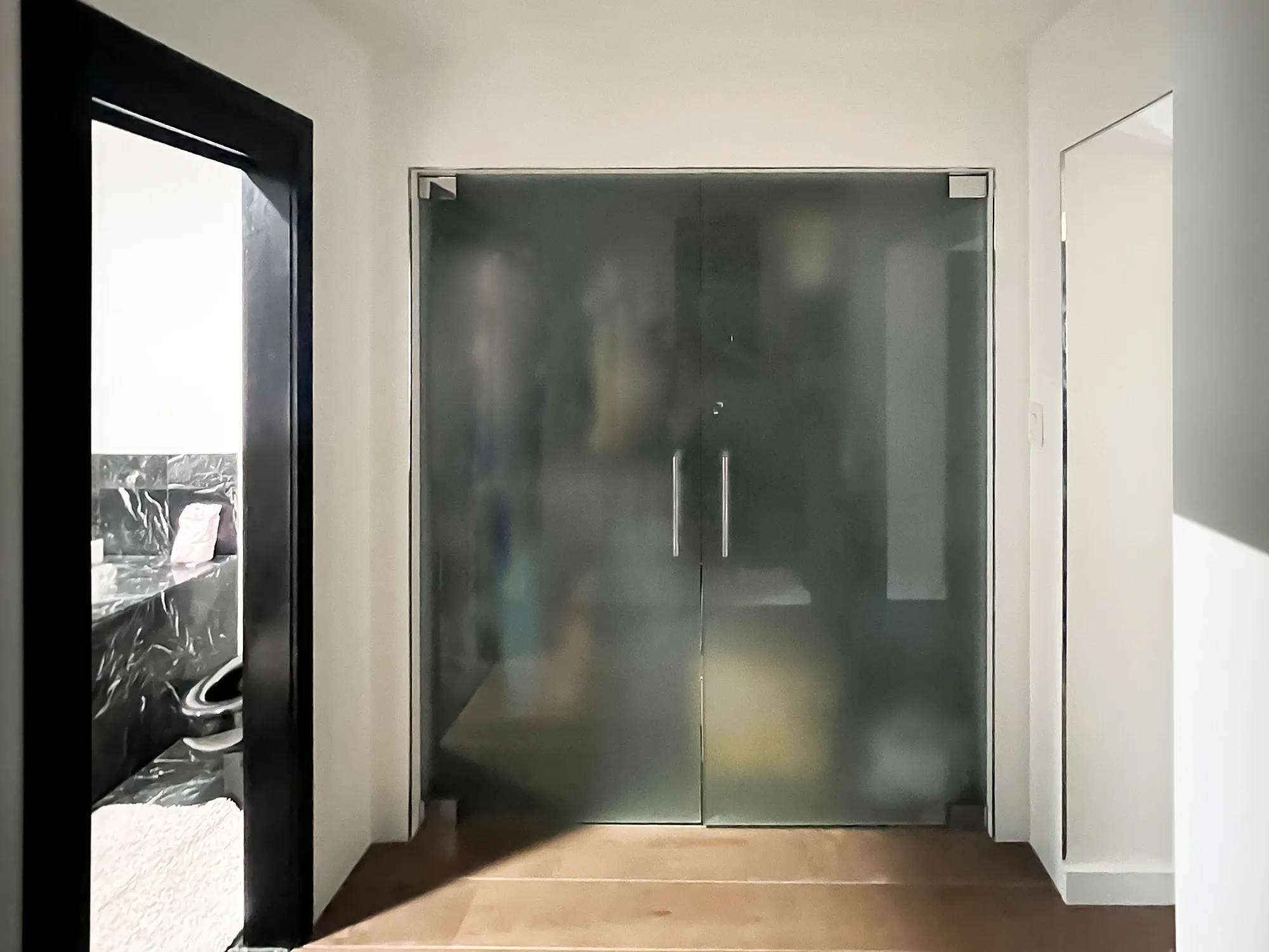 Modern interior hallway featuring frosted glass double doors with minimalist hardware, set against white walls and wood flooring.