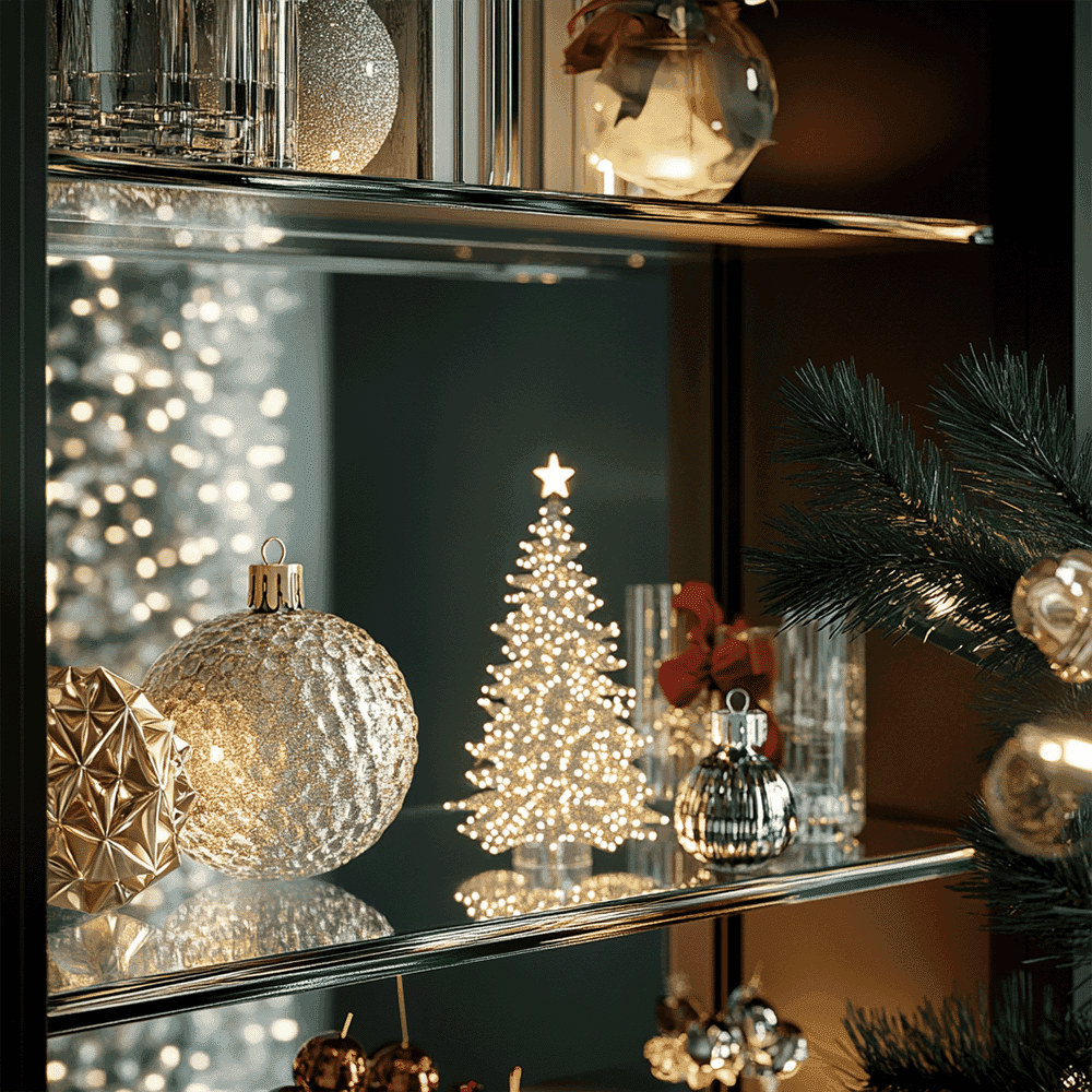 Decorative glass shelving with holiday ornaments