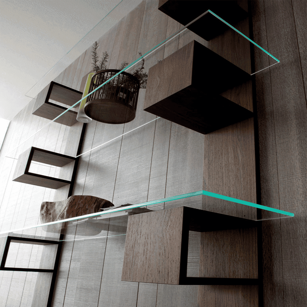 Custom glass shelves with beveled edges supported by modern wooden cube brackets, showcasing stylish design for interiors, ideal for shower doors and table tops.