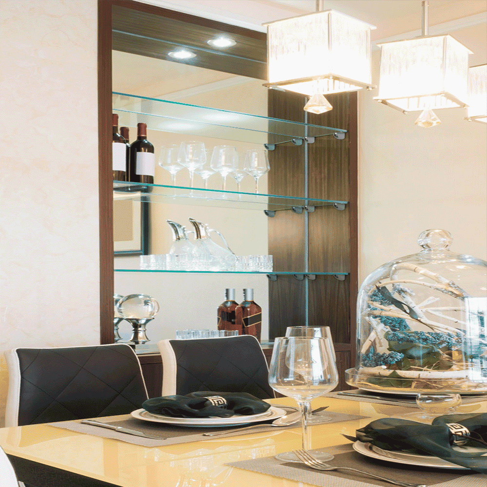 glass shelves in the kitchen