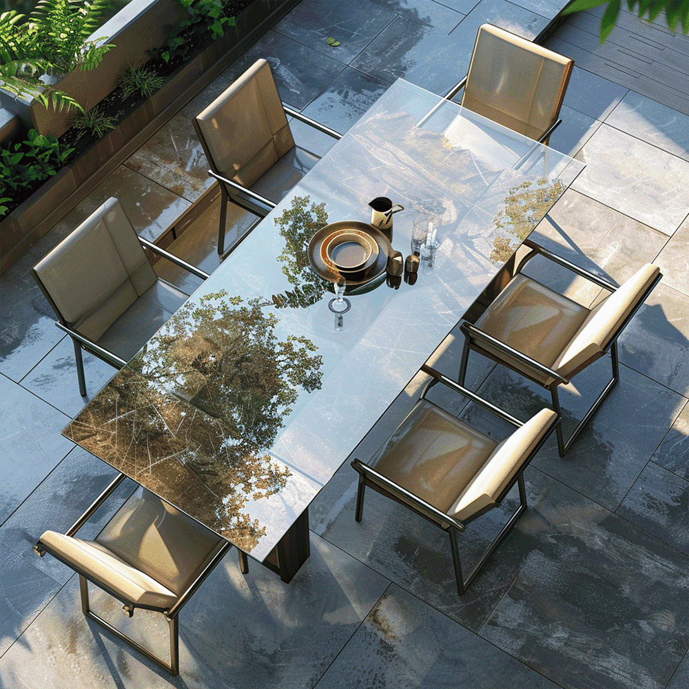 Modern outdoor table with a tempered glass top reflecting surroundings