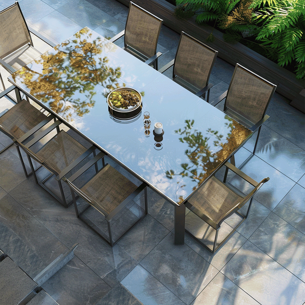 Custom glass table top reflecting surrounding greenery