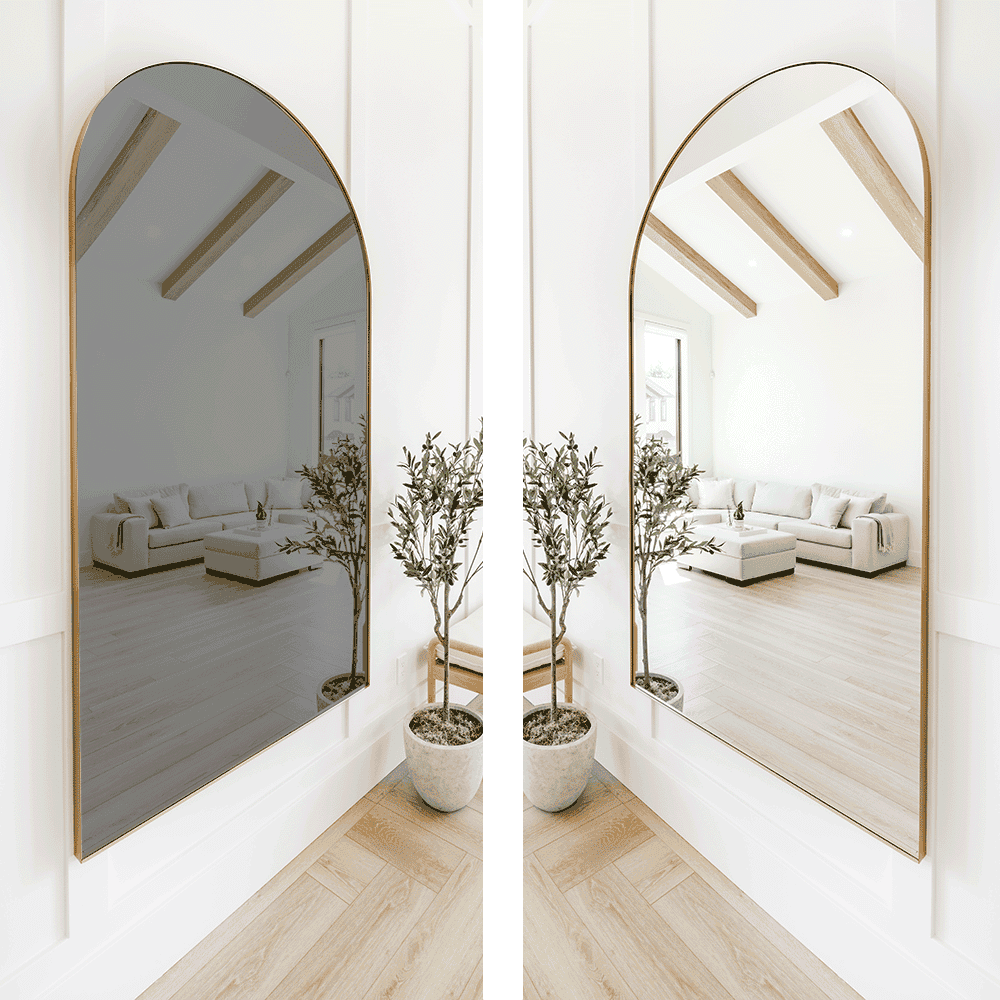 Custom beveled glass mirrors reflecting a modern living room with a plant, showcasing elegant designs for home decor and interiors.