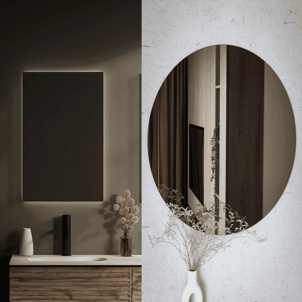 Modern bathroom featuring a sleek wall-mounted mirror with a beveled glass edge, stylish decorative vases, and a minimalist design, highlighting custom glass accents suitable for shower doors and table tops.