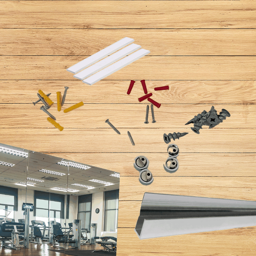 Custom glass hardware components on a wooden surface, featuring mirrors, screws, and mounting brackets for shower doors, table tops, and beveled glass edges.
