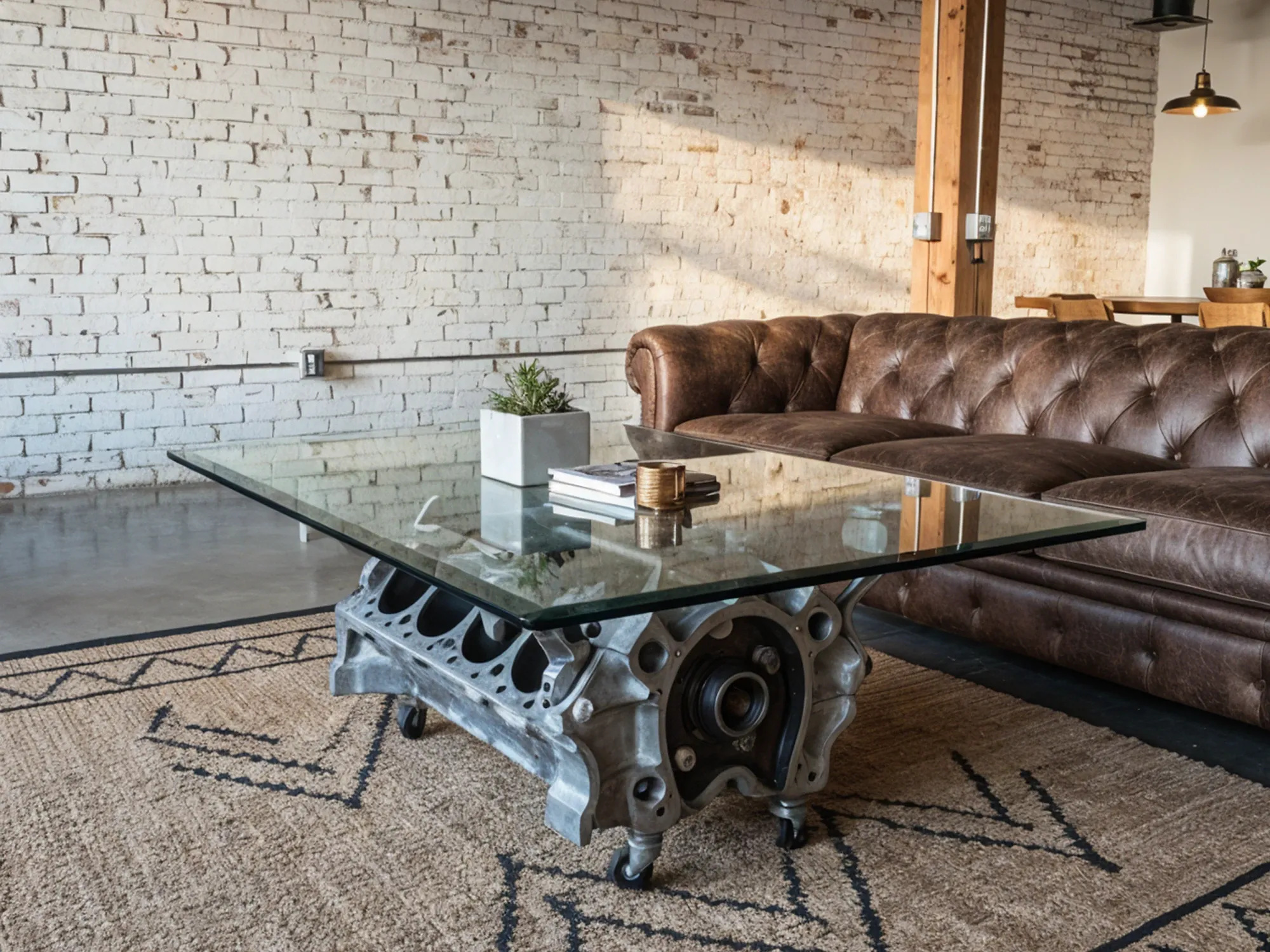 An industrial-style living room featuring a unique coffee table with a rectangular glass top on a V8 engine block base with casters.