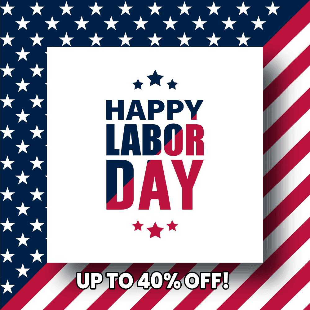 Labor Day sale announcement with bold text HAPPY LABOR DAY and UP TO 40% OFF! surrounded by a patriotic red, white, and blue star pattern, promoting custom glass products like shower doors, table tops, mirrors, tempered glass, and beveled glass edges.
