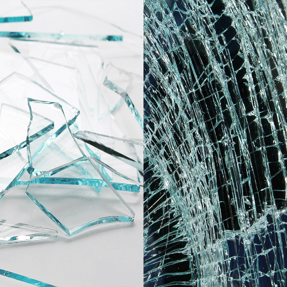 Shattered glass pieces and a close-up of cracked glass, illustrating custom glass options like tempered glass and beveled glass edges for shower doors, table tops, and mirrors.