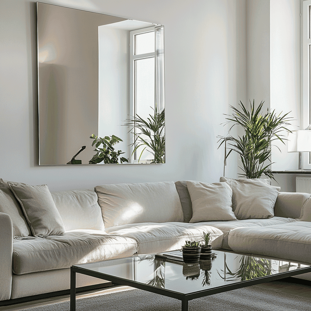 Modern living room featuring a large custom mirror, a sleek glass table top, and lush greenery, showcasing the elegance of tempered glass and beveled edges.