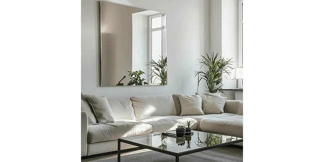 Modern living room featuring a large custom mirror, a sleek glass table top, and lush greenery, showcasing the elegance of tempered glass and beveled edges.