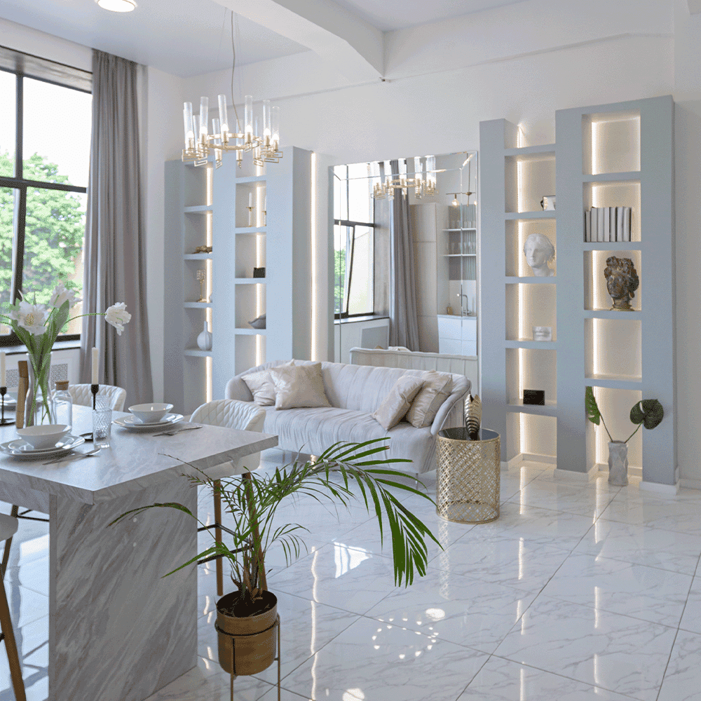 Stylishly designed modern living space featuring custom glass mirrors