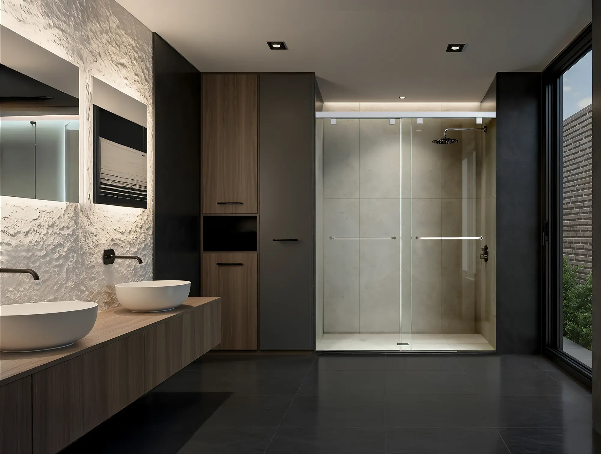 Modern bathroom interior with double vessel sinks, textured wall, glass shower enclosure, wood cabinetry, and ambient lighting.