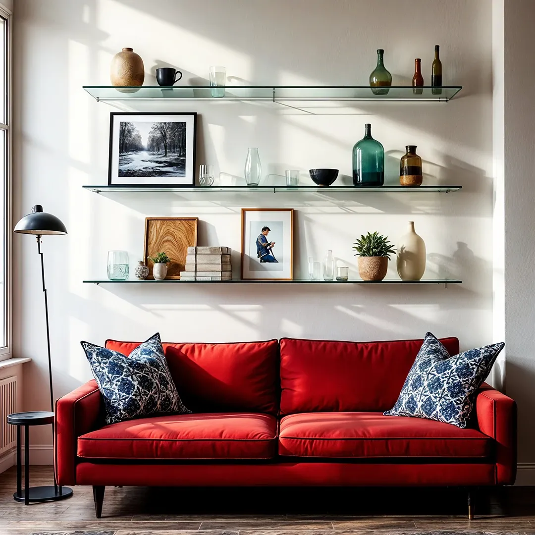 Three long floating glass shelves arranged above a vibrant red sofa